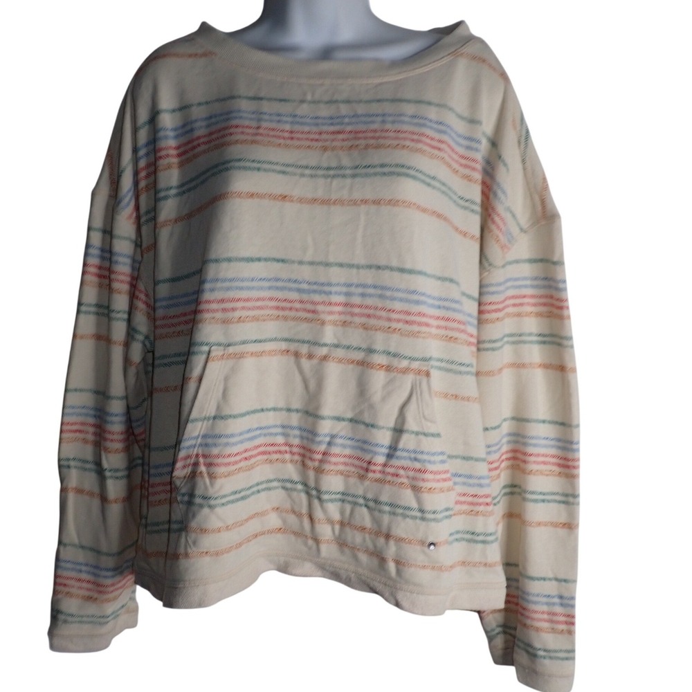 Prana Womens Striped French Terry Kangaroo Pocket Sweatshirt Cream L Gorpcore